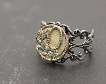Victorian Button Ring Off White Pastels Gunmetal Vintage - made with an antique button
