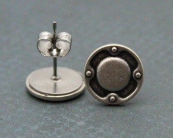 Simple Pewter Earrings Brushed Metal Posts Steampunk Cyberpunk - made with small buttons