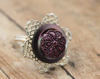 Mauve Ring Antique Glass Button Jewelry Silver Filigree - made with an antique glass button