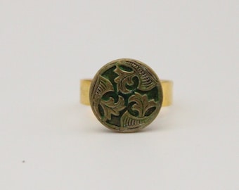 Irish Ring Brass Green Vintage Statement Jewelry - made with a vintage button