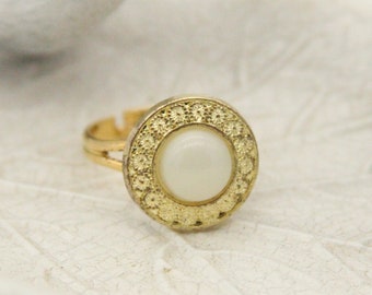 Pearl Button Ring Bling Jewelry Bright Brass Statement Rings - made with a beautiful button