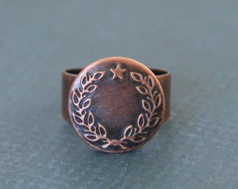 Copper Ring Star and Laurel Wreath Jewelry Punk Rock Converse Sneakers Mens Jewelry Adjustable Band - made with a vintage button