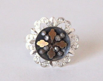 Antique Cross Ring Victorian Steel Studded Gunmetal Button Silver Filigree - made with a steel studded button