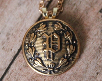 Police Department Necklace PD Pendant Uniform Brass Jewelry Gift for Her Sweetheart Girlfriend - made with a vintage uniform button