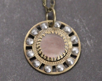 Mother of Pearl Necklace MOP Steel Studded Brass Button Pendant Unisex Gift Idea - made from a vintage button