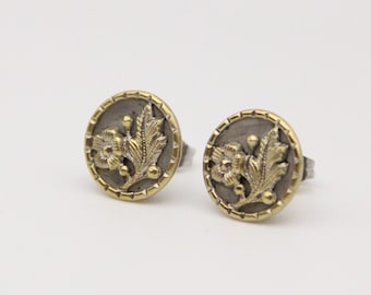 Brass Flower Earrings Vintage Button Mirror like Metal - made with vintage buttons