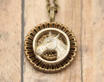 Horse Necklace Button Pendant Gift for Her Horseback Rider Rancher Equestrian Gifts - made from buttons