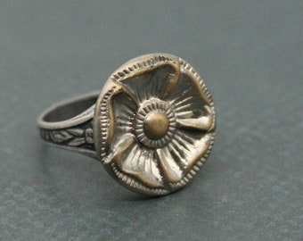 Flower Ring Metal button pewter and brass tone Daughter Gift - embellished with a flower on an adjustable band