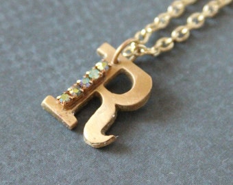 Letter Initial Necklace R A Last Name First Name Charm Multicolored rhinestones - made from a vintage pin