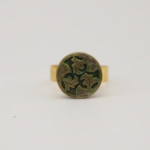 Irish Ring Brass Green Vintage Statement Jewelry - made with a vintage button