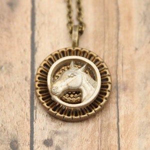 Vintage Button Horse Necklace: Brass Tone Equestrian Pendant