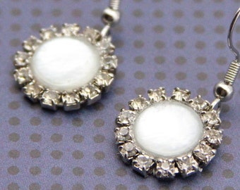 Jeweled Earrings Faux Mother of Pearl Dangles Wedding accessories Bride Bridal - made with white buttons