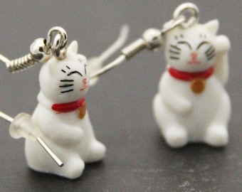 Maneki-neko Earrings Lucky Cat Fun Dangles  - made with small rubber cats