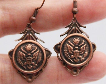 US Army Earrings Veteran Dangles Copper Jewelry - made with vintage buttons