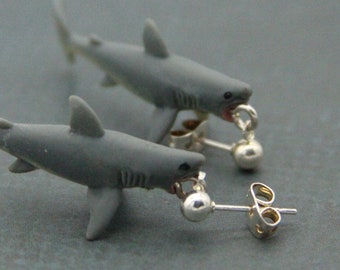 Shark Earrings Fun Fish Dangles Gift for anyone White Shark Jewelry - made with small rubber sharks