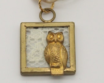 Owl Necklace Vintage Lace Pendant Lacy Shabby Chic Square Glass - made with repurposed materials