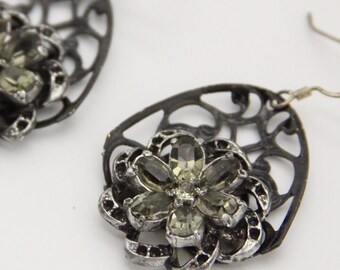 Black Filigree Earrings: Gray Jeweled Flower, Art Deco Style