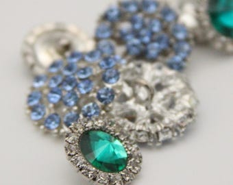 Lote de botões de strass azuis, botões de pedras preciosas em azul claro e verde-água.