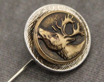 Elk Head Stick Pin Jumping Stag Lapel Pin Mens Accessories - made with vintage buttons
