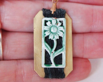 White Flower Necklace Pendant Woven Dark Teal Brass Metal - made from yarn and vintage pins