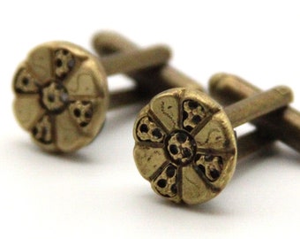 Vintage Brass Cufflinks Small Simple Design Cuff Links Groom Wedding - Made from vintage buttons