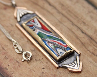Fordite Necklace Sterling Silver and Bronze Pendant - made from repurposed materials