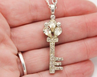 Key Necklace Rhinestone Pendant White Jewels Key to Her Heart Gift for Her - made from a vintage pin