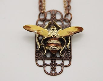 Bee Necklace 3D Pendant Beekeeper Nature Honey - made from a vintage brooch