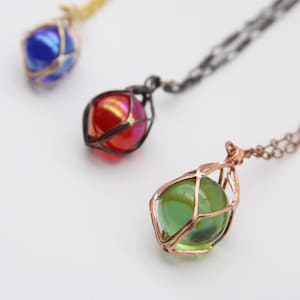 Glass Marble Pendant Necklace: Wire Cage, Found Object Jewelry