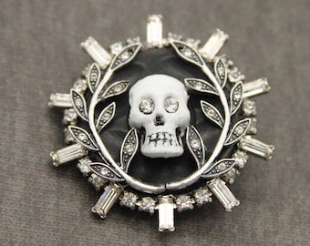 Macabre Skull Brooch Rhinestones Momentum Mori Lapel Goth Scarf Pin - made from vintage pieces