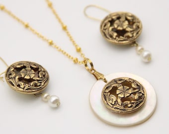 Brass Filigree Set Matching Earrings and Necklace Vintage Button Dome Round Jewelry Gifts for her - made with vintage buttons