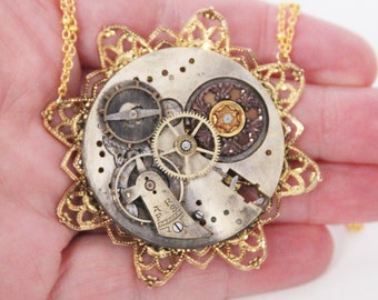 Watch Piece Necklace Steampunk Movement Cosplay Ren Fair Costume Jewelry Gift for Her Steam Punk Wedding - Made with a watch movement piece