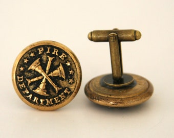 Fire Department Cufflinks Bugle Megaphone Fireman Mens accessories - made with vintage uniform buttons