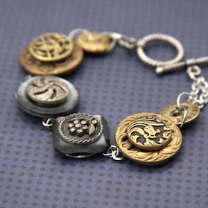 Victorian Button Bracelet Brown Tan Gold Brass Filigree Antique Vintage - made with vintage buttons