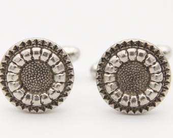 Silver Cuff Links Sunflower Design Dress shirt Tuxedo Cufflinks - made from vintage buttons