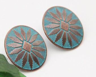 Southwestern Earrings Sunburst Patina Copper Post Earrings - Made from metal buttons