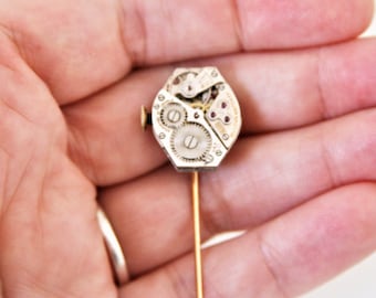 Watch Stick Pin Steampunk Lapel Pin Timepiece gears Clock Movement Wedding Accessory Boutonniere - made with a watch movement