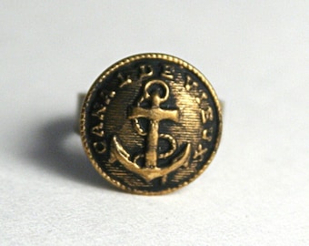 Anchor Ring Adjustable Nautical Jewelry - made with an antique button with an anchor on it