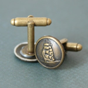 Pirate Ship Cuff Links: Brass Nautical Button Cufflinks