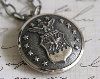 Air Force Pendant Silver Tone Military Crest Button Necklace - perfect for men and women - made with a vintage button