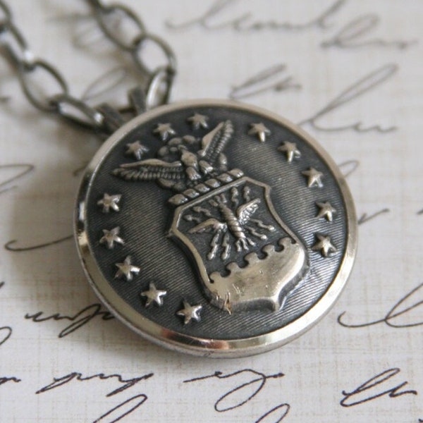 Air Force Pendant Silver Tone Military Crest Button Necklace - perfect for men and women - made with a vintage button