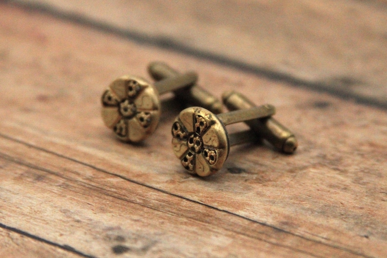 Vintage Brass Cufflinks Small Simple Design Cuff Links Groom Wedding Made from vintage buttons image 6