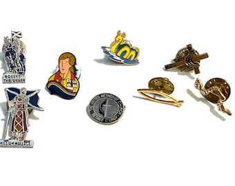 Vintage Scottish & Religious Pinback Pins, Enameled Lot of 8