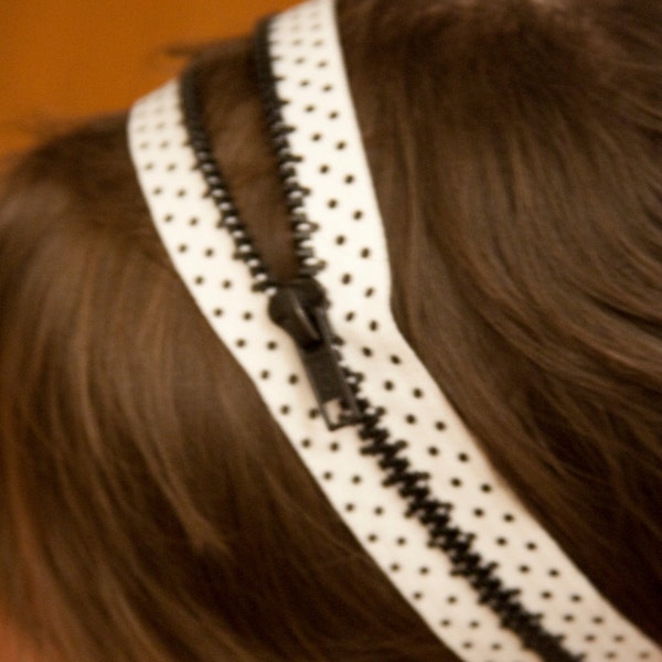 Polka Dot Headband - Black and White Polka Dota - 3 in 1 styles - made with zipper