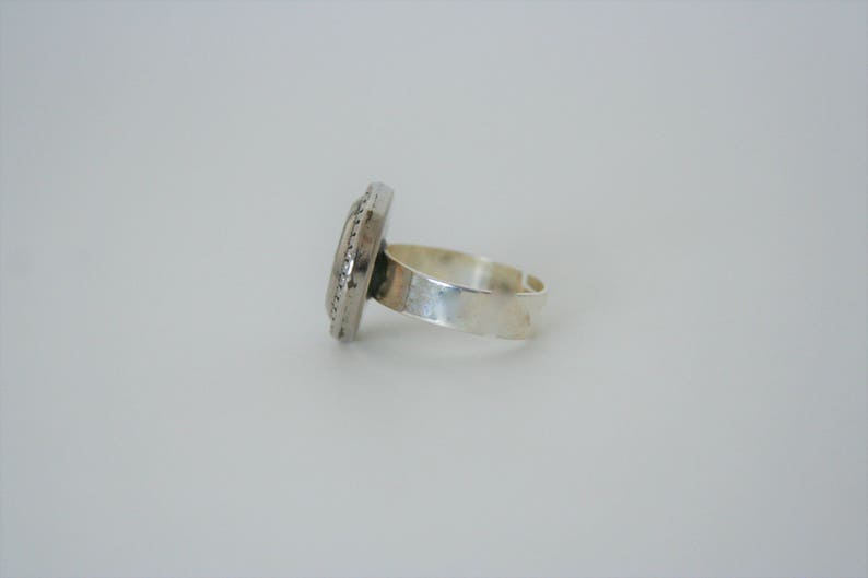 embellished with a flower on an adjustable band Flower Ring Silver button Daughter Gift