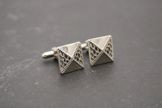 Silver Cuff Links Simple Square Design Dress shirt Tuxedo Cufflinks - made from vintage buttons
