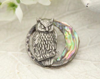 Owl Brooch: Abalone Moon Night Owl Pin