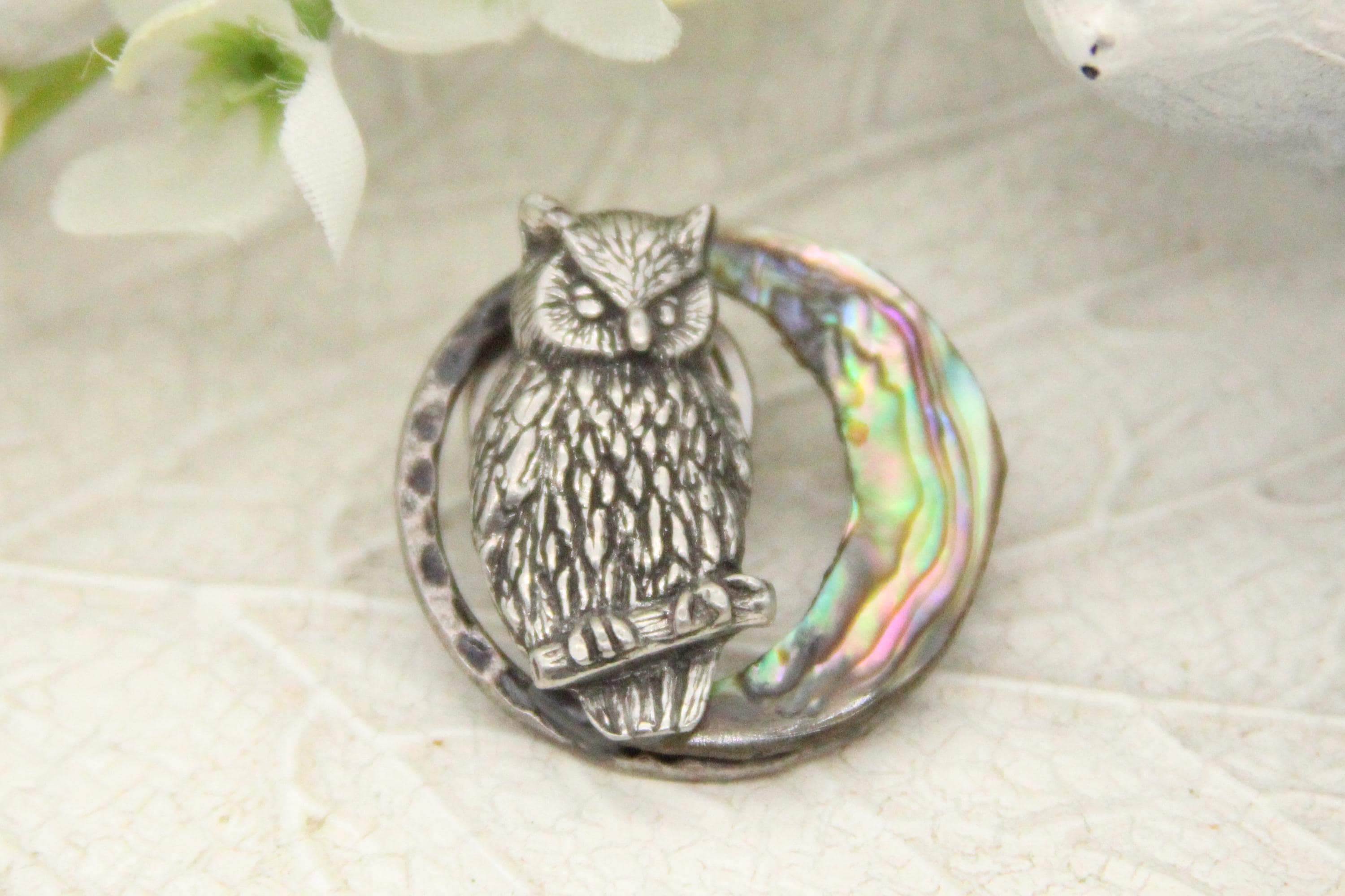 Owl Brooch: Abalone Moon Night Owl Pin