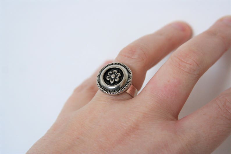 embellished with a flower on an adjustable band Flower Ring Silver button Daughter Gift