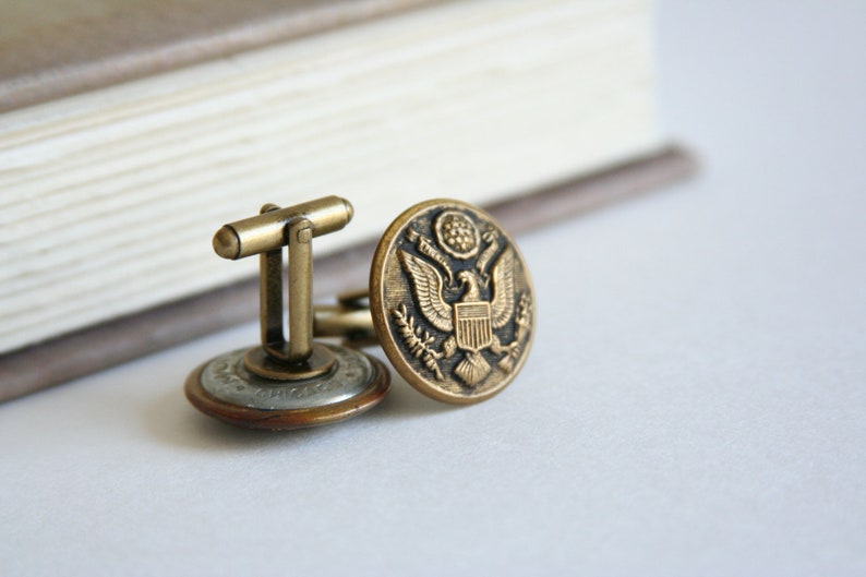 US Army Cuff Links Military Cufflinks Eagle America made with vintage buttons Brass tone 7/8 inches